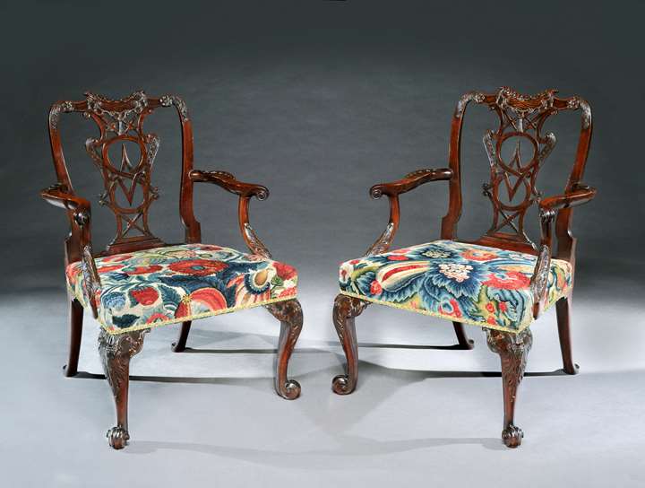 A Fine Pair of George III Carved Mahogany Armchairs of Exceptional Colour and Patination